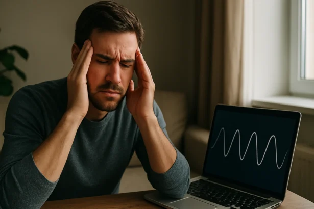 Muž trpiaci bolesťou hlavy pred počítačom zobrazujúcim frekvenciu.