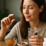 Žena s kapsulou kurkumy a kolagénu pre zdravie a vitalitu