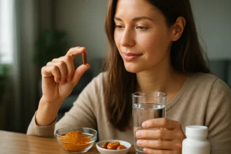 Žena s kapsulou kurkumy a kolagénu pre zdravie a vitalitu