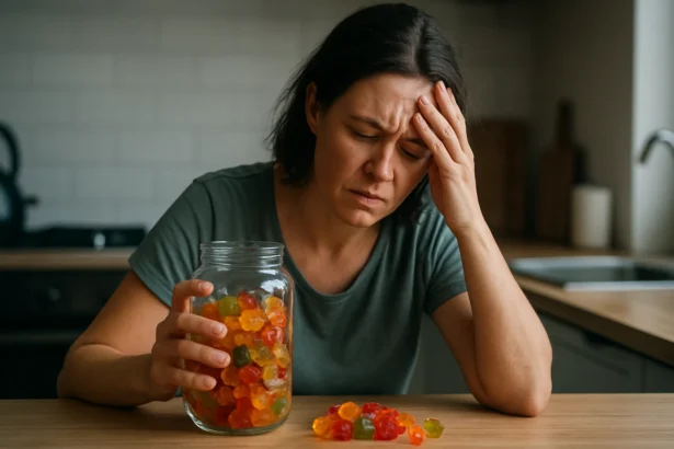 Žena s meditujúcimi myšlienkami nad pohárom medvedieho cukru.