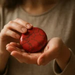 Žena drží červený howlitu, symbol energetickej rovnováhy a uzdravenia.