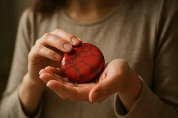 Žena drží červený howlitu, symbol energetickej rovnováhy a uzdravenia.