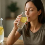 Žena pije citrónovú vodu so žltým plátkom citróna.