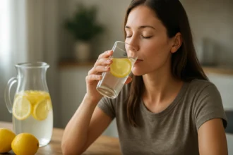 Žena pije citrónovú vodu so žltým plátkom citróna.