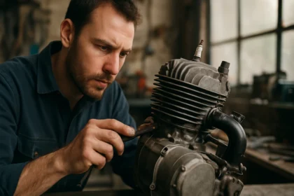 Mechanik pracuje na dvojtaktnom motore v dielni