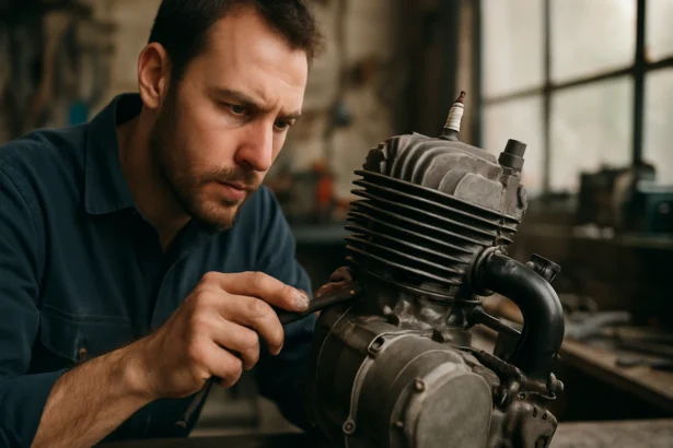 Mechanik pracuje na dvojtaktnom motore v dielni