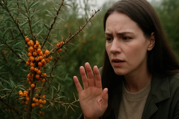 Žena so znepokojeným výrazom pri ohnivej rastline Tűztövis.