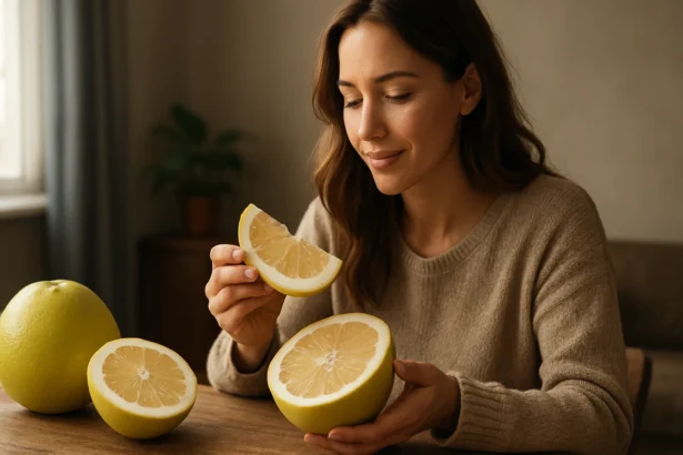 Žena si vychutnáva pomelo, citrusové ovocie plné chuti a zdravotných benefitov.