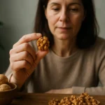 Žena drži v ruke vlašský orech a pozorne sa mu venuje.