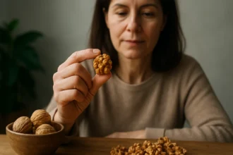 Žena drži v ruke vlašský orech a pozorne sa mu venuje.