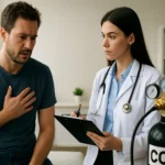 Lekárka vyšetruje muža so slabosťou dýchania počas konzultácie.