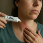 Žena aplikuje Aldara krém na podráždenú pokožku na krku.