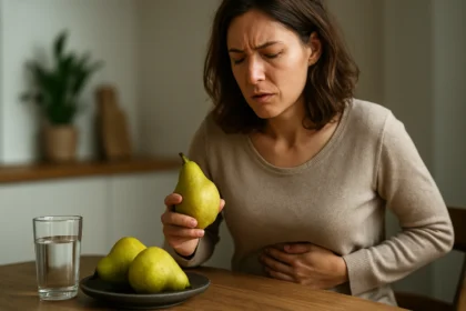 Žena drží hrušku a drží sa za brucho, zdôrazňujúca trávenie.