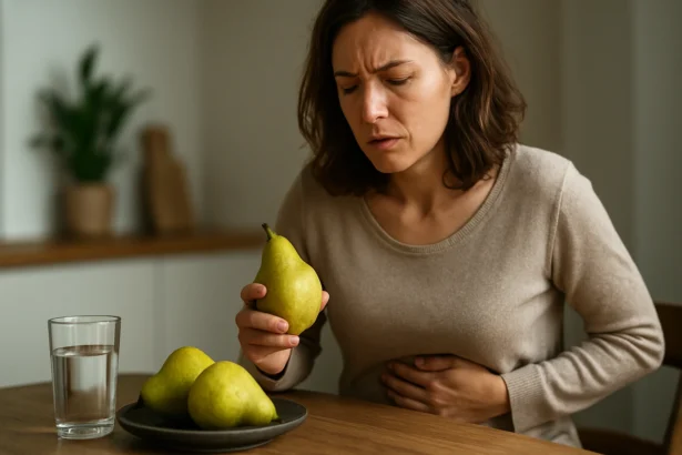 Žena drží hrušku a drží sa za brucho, zdôrazňujúca trávenie.