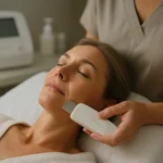 Žena na ultrazvukovej masáži pre relaxáciu a regeneráciu pleti