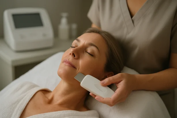 Žena na ultrazvukovej masáži pre relaxáciu a regeneráciu pleti