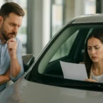 Muž a žena diskutujú o kúpe auta, skúmanie dokumentov.