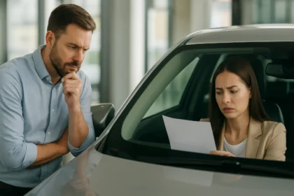 Muž a žena diskutujú o kúpe auta, skúmanie dokumentov.