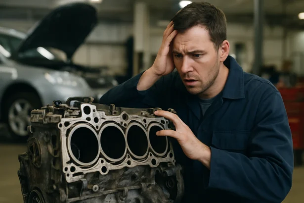 Mechanik skúma trojvalcový motor s obavami o jeho stav.