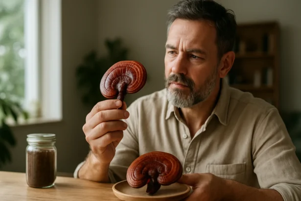 Muž skúma reishi hubu, ktorá podporuje zdravie a imunitu.