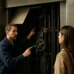 Muž ukazuje ženu na mechanizmus páternostra, vertikálneho dopravníka.