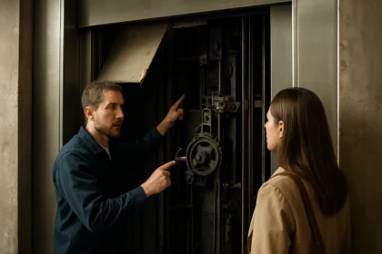 Muž ukazuje ženu na mechanizmus páternostra, vertikálneho dopravníka.