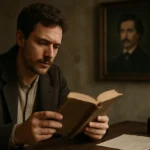 Muž čítajúci knihu s perom a portrétom v pozadí