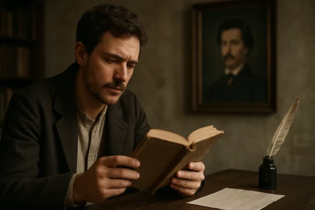 Muž čítajúci knihu s perom a portrétom v pozadí