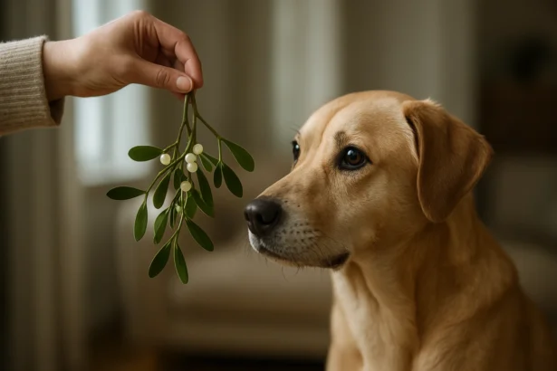 Pes sa pozerá na imelo, ktoré mu podáva ruka.