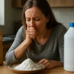 Žena kašle pri pohľade na amónny karbónat v kuchyni