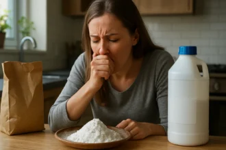 Žena kašle pri pohľade na amónny karbónat v kuchyni