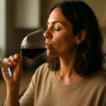 Žena vychutnávajúca si pohár červeného vína v útulnom prostredí