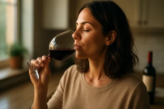 Žena vychutnávajúca si pohár červeného vína v útulnom prostredí