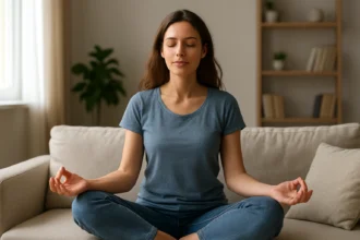 Mladá žena medituje na pohovke s uzavretými očami.