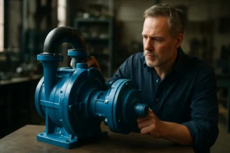 Muž skúma vodné kruhové vákuové čerpadlo v dielni.