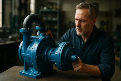 Muž skúma vodné kruhové vákuové čerpadlo v dielni.