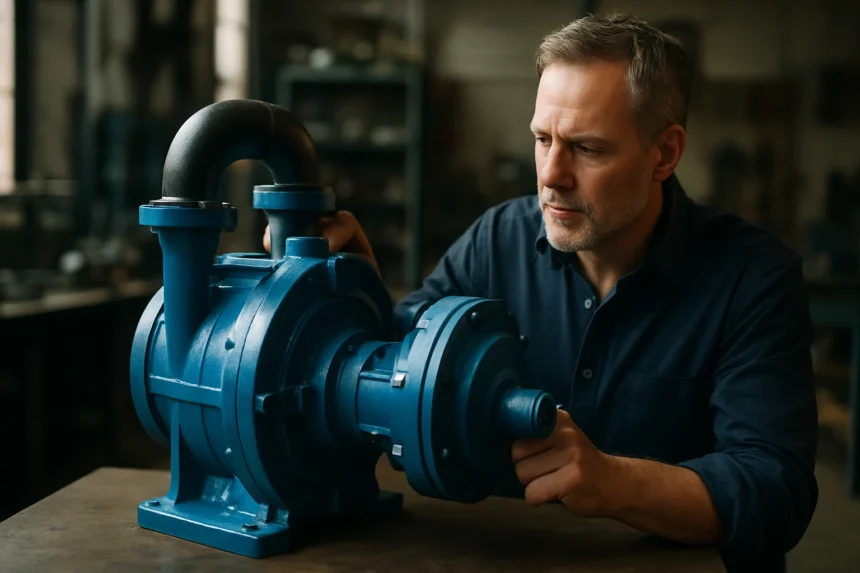 Muž skúma vodné kruhové vákuové čerpadlo v dielni.