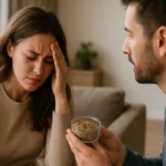 Žena so stresom a muž ponúkajúci prírodný doplnok Sceletium tortuosum.