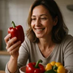 Žena sa usmieva, drží červenú papriku v kuchyni