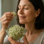 Žena s reďkovkovými klíčkami v miske, vychutnávajúca si ich arómu.