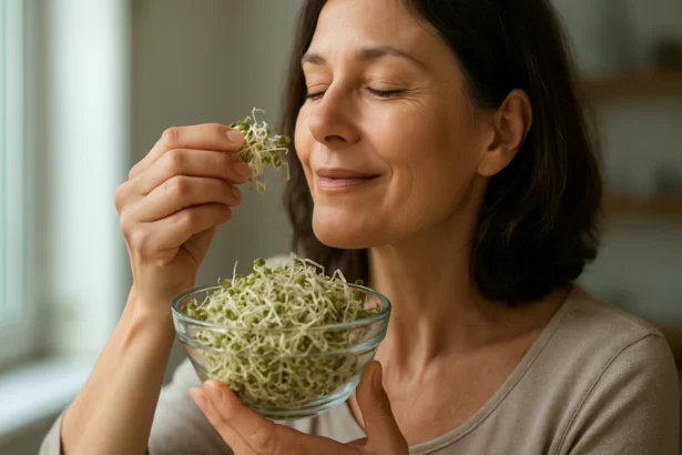 Žena s reďkovkovými klíčkami v miske, vychutnávajúca si ich arómu.