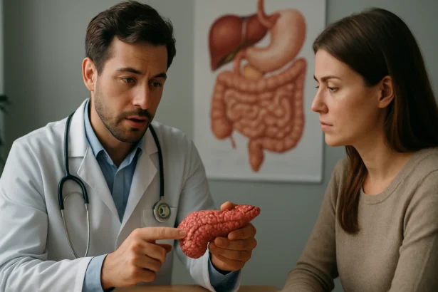 Lekár vysvetľuje pacientke funkciu pankreasu a trávenie.