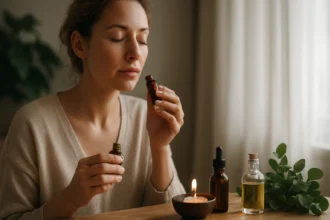 Žena vychutnáva vôňu esenciálnych olejov pri sviečke.