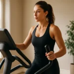 Žena cvičí na eliptickom trenažéri doma