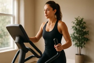 Žena cvičí na eliptickom trenažéri doma