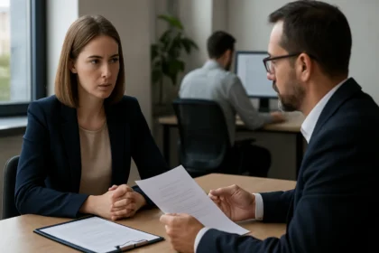 Zamestnávateľ a uchádzač na pracovnom pohovore v kancelárii