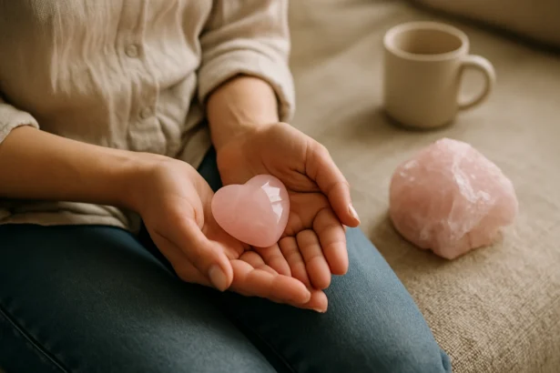 Ružový achát v srdcovom tvare v rukách, wellness ritualy.