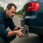 Muž kontroluje kormányvégsúly na osobnom aute na ceste.