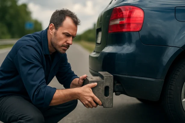 Muž kontroluje kormányvégsúly na osobnom aute na ceste.