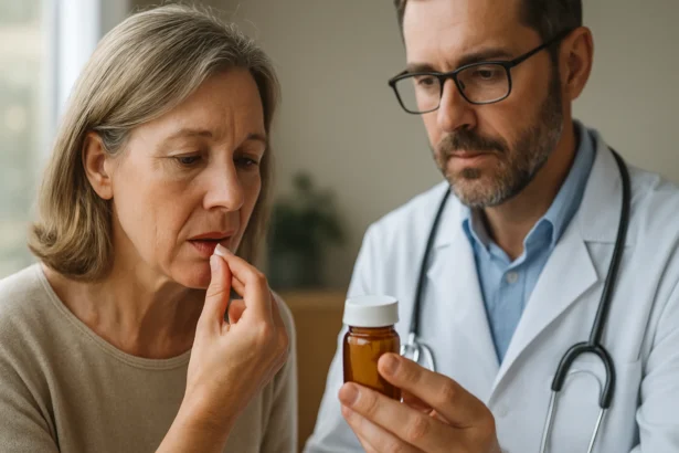 Žena užívajúca liek s lekárom, diskutujúci o Pantopone.